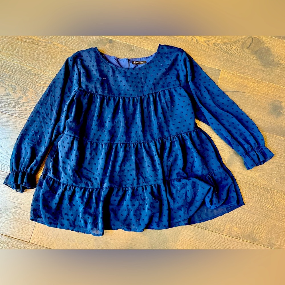 PRETTYGARDEN Women's Navy Blue Swiss Dot Tiered Long Sleeve Blouse Medium